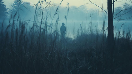 thomas walks alone through the autumnal grass on a chilly morning, surrounded by an eerie fog, with a serene lagoon in the distance, as tall trees stand like sentinels, their silhouettes a striking contrast to the misty atmosphere, capturing the essence of a mystical autumn morning in this lo-fi, instamatic photograph. ai generatedの素材