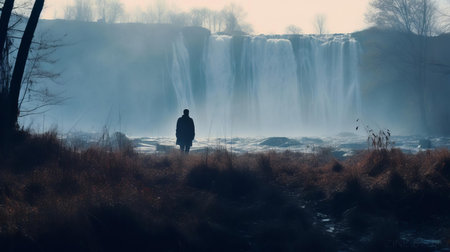 john, a mysterious figure, walks through the autumnal grass on a chilly morning, surrounded by a mystical atmosphere, with a distant waterfall cascading in the background, silhouettes of tall trees looming in the distance, and a thick layer of fog adding to the eerie ambiance, captured in a lo-fi, instamatic photo with a predominantly cold blue tone. ai generatedの素材