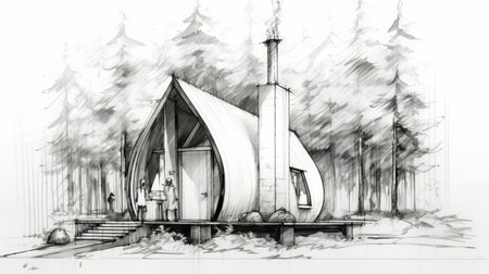 this byzantine architecture-inspired tiny home sketch showcases a luxurious, compact dwelling nestled among a serene small forest, accompanied by a quaint shed, blending rustic charm with elegant, ornate details, perfect for those seeking a peaceful, nature-immersed retreat with a touch of ancient sophistication. ai generatedの素材