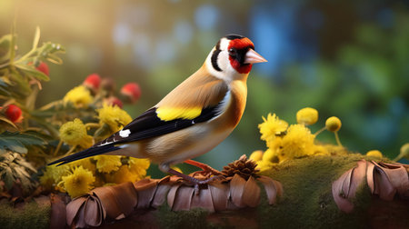 the goldfinch, a vibrant yellow bird with striking black and white accents, perches delicately on a sun-kissed branch, its intricate plumage and slender beak capturing the essence of nature's splendor, evoking feelings of serenity and wonder in this stunning avian portrait, perfect for bird enthusiasts and nature lovers alike. ai generatedの素材