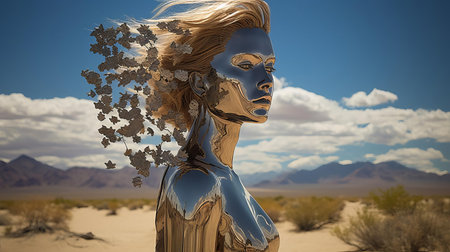 the metal sculpture, a stunning work of art, stands majestically in the desert landscape, its intricate details and rusty hues blending seamlessly with the arid surroundings, as if reflecting on its own existence, evoking a sense of introspection and self-discovery amidst the vast, sandy dunes. ai generatedの素材