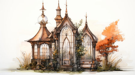 this luxurious tiny home, inspired by baroque architecture, sits serenely on a small island, accompanied by a charming greenhouse, showcasing a perfect blend of elegance and sustainability, perfect for those seeking a tranquil retreat amidst nature's beauty, with ornate details and grandiose style. ai generatedの素材