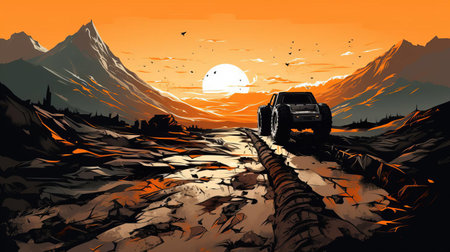 mountain landscape illustration in high contrast, showcasing a majestic mountain submerged in mud, reflecting the vibrant hues of a breathtaking sunset, with subtle footprints and tire tracks scattered across the terrain, captured from a stunning overhead view. ai generatedの素材