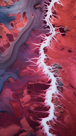 the ocean's undulating waves crash against the shore in this mesmerizing artwork, featuring maroon and ruby ridges that evoke a sense of biomorphic abstraction, reminiscent of scarlett hooft graafland's style, with a marbleized effect that echoes the aerial views of jack butler yeats, showcasing detailed imagery in an earthy palette. ai generatedの素材