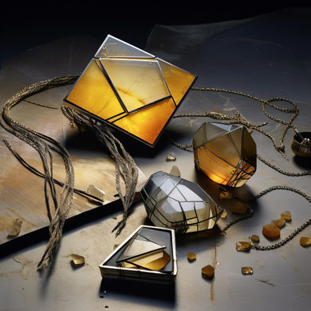this art jewelry, captured by renowned photographer mario sorrenti, showcases a mesmerizing fusion of contrasting geometries, mixed media art, and a distressed color photocopy aesthetic, culminating in a polished metamorphosis that radiates a captivating glowing citrine pearlescent effect, blurring the lines between art and adornment. ai generatedの素材