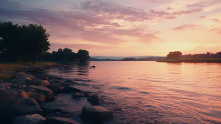 the majestic mountain landscape awakens at dusk, basking in the warm, golden evening glow, captured with precision using a 35mm lens, evoking a photorealistic quality reminiscent of kodak film, transporting viewers to a serene and idyllic world, perfect for nature enthusiasts and photography aficionados alike. ai generatedの素材