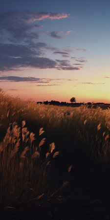 the serene july scenery unfolds with an enchanting evening glow, masterfully captured through a 35mm lens, evoking a photorealistic atmosphere reminiscent of kodak film, transporting viewers to a warm summer evening, bathed in soft, golden light, perfect for 4k resolutions. ai generatedの素材