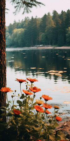 a serene lake, surrounded by vibrant daisy flowers, reflects the warm hues of autumn, with leaves ablaze in shades of red, orange, and yellow, mirrored perfectly in the still waters, evoking a sense of peaceful solitude, ideal as a high-resolution 16k vertical phone wallpaper. ai generatedの素材
