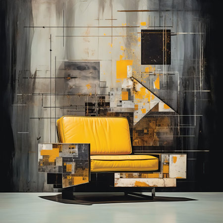the furniture, captured by renowned photographer mario sorrenti, showcases a mesmerizing fusion of contrasting geometries, mixed media art, and a distressed color photocopy aesthetic, elevated by a polished metamorphosis and radiant with a glowing citrine pearlescent effect, blurring the lines between art and design. ai generatedの素材