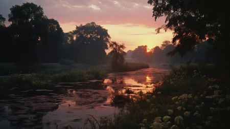 the serene landscape unfolds under the warm evening glow, captured with a 35mm lens to evoke a photorealistic atmosphere, reminiscent of kodak film, in this breathtaking 4k image that transports viewers to a tranquil world of renewal and relaxation. ai generatedの素材