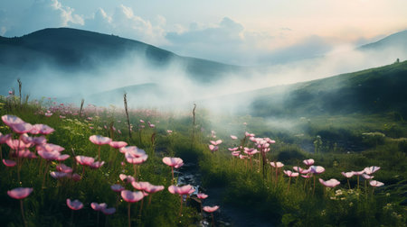 the majestic mountain landscape showcases a breathtaking junction of fresh green mist swirling with blooming flowers, vibrant colorful mist, and serene white mist, capturing the essence of nature's beauty in this stunning professional photography, perfect for unsplash. ai generatedの素材