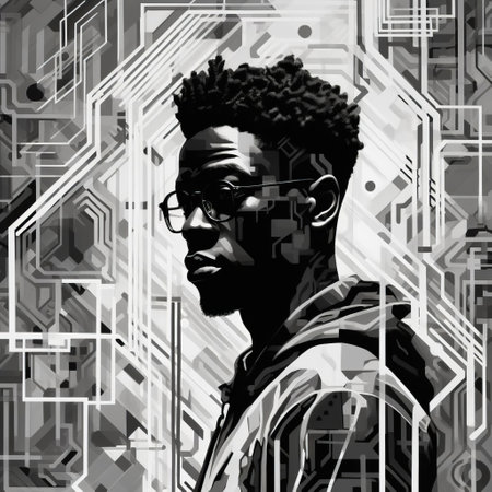 the monochrome abstract art, inspired by lil nas x's eclectic style and the great outdoors, delves into the realm of social studies, exploring the intersection of computer technology and human experience, featuring a unique blend of geometrical shapes, vintage flair, and creative randomness, brought to life with bold, rough ink brushstrokes. ai generatedの素材