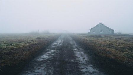 the serene icelandic garden landscape stretches towards the horizon, where a small black asphalt path disappears into the thick white fog, creating an ethereal atmosphere, captured in stunning 4k resolution with a 35mm lens, showcasing the mystique of iceland's natural beauty in a 6:3 aspect ratio. ai generatedの素材