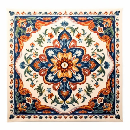 the persian handmade carpet, with its intricate patterns and vibrant colors, lies elegantly on a white isolated background, showcasing the exquisite craftsmanship of traditional iranian weaving techniques, perfect for adding a touch of luxury and sophistication to any room's decor, blending seamlessly with modern or traditional interior design styles. ai generatedの素材