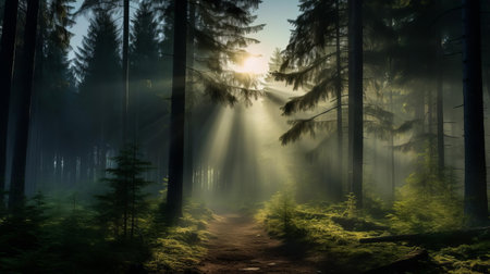 the moon, a glowing orb, rises above the boreal forest at dawn, surrounded by misty veils, as soft sun rays pierce through the fog, creating an ethereal atmosphere, while a state-of-the-art digital marketing drone flies gracefully in the distance, its powerful searchlight illuminating the forest path, capturing the essence of harmony between nature and technology. ai generatedの素材