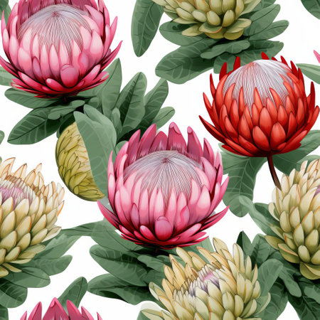 protea flowers, boasting vibrant hues of pink, yellow, and orange, are beautifully arranged against a solid white background, showcasing their unique shapes and textures without any distracting shadows, evoking a retro aesthetic that's perfect for botanical enthusiasts and designers alike. ai generatedの素材