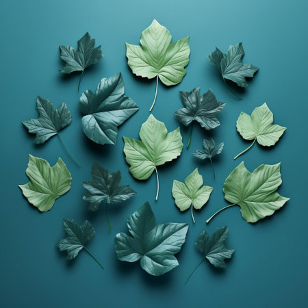 the number fifteen, crafted from intricately arranged leaves, stands out against a vibrant teal background, evoking a sense of autumnal elegance and whimsical creativity, perfect for nature-inspired designs, botanical art, and outdoor enthusiasts. ai generatedの素材