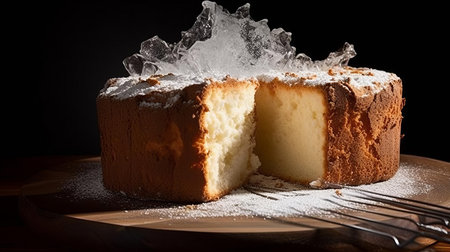 angel food cake, a classic dessert, is showcased in this stunning image, featuring a delicate dusting of powdered sugar, beautifully backlit to enhance its caramelized sweetness, perfect for special occasions, weddings, and birthday celebrations, highlighting the art of baking and culinary expertise. ai generatedの素材