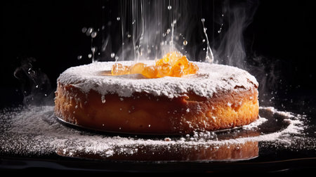 this decadent upside-down cake, adorned with a delicate dusting of powdered sugar, is beautifully backlit to enhance its caramelized sweetness, showcasing the perfect blend of moist texture and crunchy brown sugar crust, ideal for satisfying any sweet tooth or dessert craving. ai generatedの素材