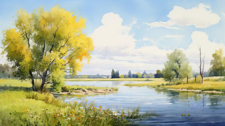 the serene pasture landscape, set against the majestic backdrop of the dnieper river, features majestic willow and poplar trees swaying gently in the breeze, under a brilliant blue sky, with a vibrant yellow field stretching towards the horizon, beautifully captured in a stunning watercolor artwork. ai generatedの素材