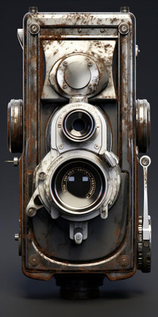 the camera, a vintage nickel-plated model, sits proudly in a straight front view, showcasing its intricate details despite being old and damaged, with scratches and worn-out parts telling the story of its long history, highlighting the beauty of aged photography equipment. ai generatedの素材