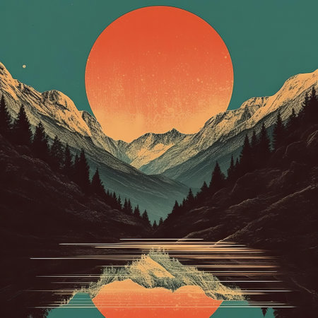 the landscape poster showcases a serene and idyllic scenery, blending vintage charm with modern-retro flair, featuring a minimalist design that exudes a sense of calmness and tranquility, perfect for adding a touch of nostalgic elegance to any room's decor, inspired by retro-futurism and minimalist art. ai generatedの素材