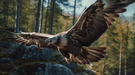 a vulture in its natural habitat, soaring through the forest at high speed, its wings spread wide, capturing the raw power and agility of this majestic bird in stunning 8k resolution, showcasing its impressive wingspan and swift flight amidst the lush green foliage. ai generatedの素材