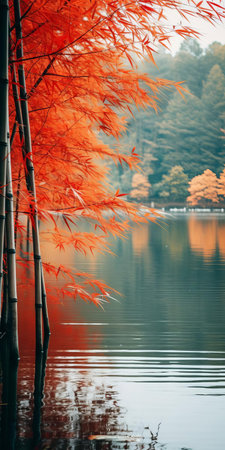 the serene lake, surrounded by vibrant bamboo, showcases a kaleidoscope of autumn colors, with warm hues of red, orange, and yellow leaves reflecting perfectly off the still waters, evoking a sense of peaceful solitude, perfect as a high-resolution 16k phone wallpaper for a calming ambiance. ai generatedの素材