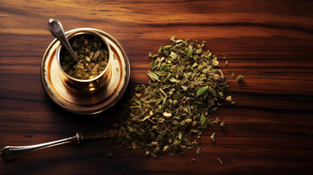 yerba mate, a traditional south american caffeine-rich infused drink, is beautifully displayed on top of a rustic wooden table, offering a warm and inviting atmosphere, perfect for a cozy morning or afternoon pick-me-up, evoking feelings of relaxation and tranquility. ai generatedの素材