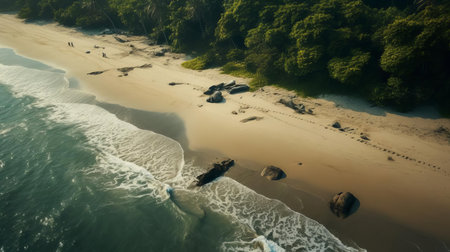 the beach, bathed in warm golden light, stretches along the shoreline of a humid forest, evoking a sense of serenity and tranquility, as if captured by a drone photographer, with its hyper-realistic tones and vibrant colors, reminiscent of a tropical paradise, perfect for relaxation and adventure. ai generatedの素材