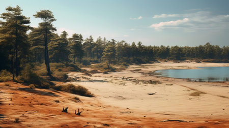 the upland forest landscape unfolds onto a serene sandy beach, bathed in warm, golden light, evoking a sense of tranquility, as if captured by a drone photographer, showcasing the intersection of nature's beauty and aerial photography artistry, reminiscent of famous drone photography masters. ai generatedの素材