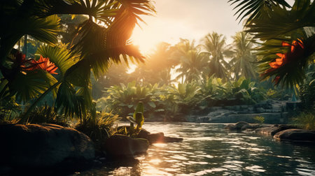 the tropical scenery unfolds in warm, golden hues as the evening glow casts a serene ambiance, captured through the lens of a 35mm camera, evoking a photorealistic quality reminiscent of kodak film, transporting viewers to a tranquil paradise, perfect for relaxation and escapism. ai generatedの素材