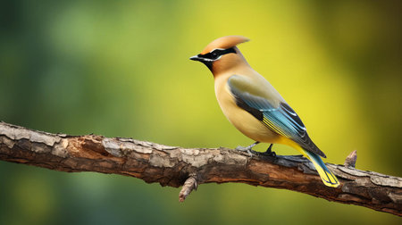 the cedar waxwing perches elegantly on a rustic wood branch, its sleek plumage glistening against a lush green background, showcasing its distinctive crest and masked face, captured in a stunning photographic style that highlights the beauty of this north american bird species in its natural habitat. ai generatedの素材
