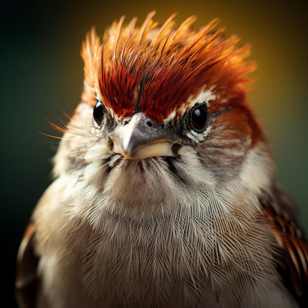 the american tree sparrow, with its striking facial features, is showcased in a stunning close-up portrait, expertly captured in a vibrantly surreal fashion, highlighting the bird's intricate plumage, bright eyes, and delicate beak, set against a dreamy, ethereal background, evoking a sense of wonder and enchantment in wildlife photography. ai generatedの素材