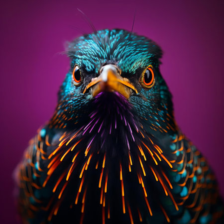 the european starling showcases its striking features in a mesmerizing close-up portrait, its iridescent plumage and vibrant eyes popping against a surreal, dreamlike backdrop, highlighting the beauty of bird photography and wildlife portraits in a unique, artistic fashion. ai generatedの素材