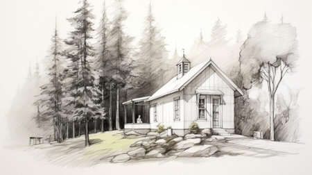 the byzantine architecture-inspired tiny home sketch showcases a luxurious, compact dwelling nestled among a serene small forest, accompanied by a quaint shed, blending rustic charm with elegant architectural elements, perfect for those seeking a peaceful, nature-infused retreat. ai generatedの素材