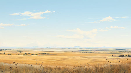the prairie landscape of inner asia is majestically depicted in this serene illustration, evoking feelings of peacefulness and simplicity, with gentle hues and a panoramic scale reminiscent of dutch landscapes and suffolk coast views, featuring delicate tones of light yellow and light blue to enhance the sense of tranquility. ai generatedの素材