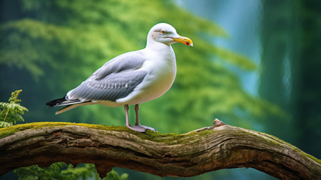 the american herring gull perches majestically on a rustic wood branch, set against a vibrant green background, showcasing its striking plumage and distinctive features, captured in a stunning photographic style that highlights the beauty of wildlife and nature photography. ai generatedの素材