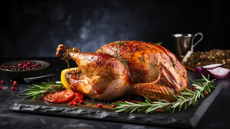 the roasted turkey, garnished with fragrant rosemary and aromatic spices, sits atop a rustic dark stone background, evoking a sense of warmth and comfort, perfect for a holiday feast or special occasion dinner, showcasing the beauty of seasonal ingredients and culinary expertise. ai generatedの素材