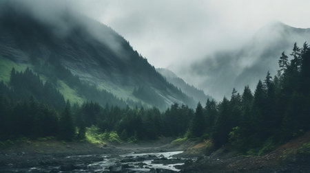the landslide, surrounded by lush greenery and misty clouds, exudes a serene and calming vibe, capturing the raw power of nature in a tranquil atmosphere, perfect for wallpaper or background use, evoking feelings of relaxation and awe, ideal for those seeking calming scenery or natural disaster photography. ai generatedの素材