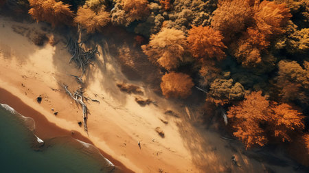 the deciduous woodland, with its vibrant autumn hues, meets the serene sandy beach, evoking a sense of tranquility, as warm color grading and hyper-realistic tones transport viewers to a breathtaking coastal scene, reminiscent of the works of renowned drone photographers, capturing the essence of nature's beauty. ai generatedの素材
