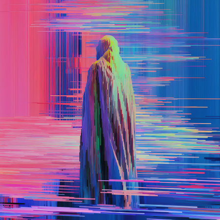 the futuristic digital artwork depicts a pivotal moment in the eternal struggle between barbarism and civilization, reimagined with a mesmerizing y2k-inspired databending twist, blending glitch art aesthetics with a dystopian cyberpunk vibe, evoking a sense of technological chaos and societal upheaval. ai generatedの素材