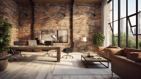 this modern office space features a sleek and minimalist design, with a stunning brick wall background that adds a touch of industrial chic to the room, perfect for a contemporary living and working area, ideal for entrepreneurs, freelancers, and remote workers seeking a stylish and functional workspace. ai generatedの素材