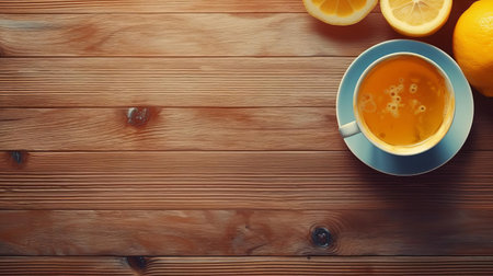 the refreshing lemon tea, garnished with a slice of citrus, sits atop a rustic wooden table, surrounded by a warm and cozy atmosphere, perfect for a relaxing morning or soothing afternoon pick-me-up, evoking feelings of serenity and tranquility in this inviting still life scene. ai generatedの素材