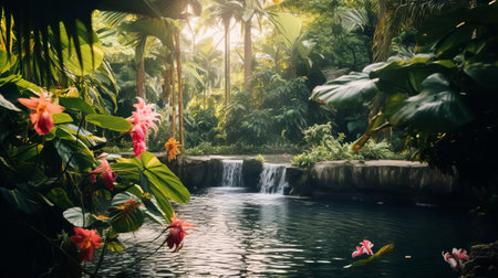 the lush tropical landscape unfolds at the junction of fresh green foliage, blooming vibrant flowers, and colorful exotic plants, set against a serene white sandy beach, capturing the essence of a tropical paradise, perfect for professional photography and unsplash enthusiasts. ai generatedの素材