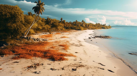 the tropical dry forest landscape unfolds along a serene sandy beach, bathed in warm, golden light, evoking a sense of tranquility, as if captured by a renowned drone photographer, with its hyper-realistic quality, perfect for nature lovers and travel enthusiasts seeking exotic getaways. ai generatedの素材