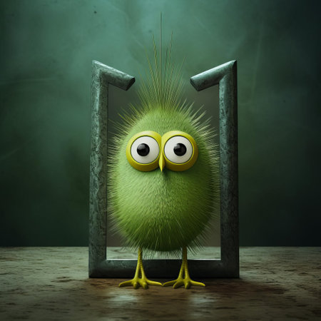 this decorative mirror showcases a vibrant green bird figurine with intricately painted eyes, reminiscent of the whimsical style of evgeni gordiets, clemens ascher, and didier lourenco, blending concrete and inventive character designs with spiky mounds, captured in a stunning close-up shot that highlights its unique textures and colors. ai generatedの素材