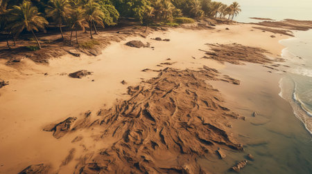 the tropical dry forest landscape unfolds along a serene sandy beach, bathed in warm, golden light, evoking a sense of tranquility, as if captured by a drone photographer, with hyper-realistic details and vibrant colors, reminiscent of exotic getaways and sun-kissed vacations. ai generatedの素材