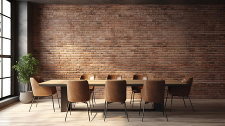 this modern conference room, featuring a stylish brick wall background, seamlessly blends into a comfortable living area, perfect for corporate events, meetings, and presentations, offering a unique blend of functionality and sophistication in a contemporary office space. ai generatedの素材