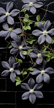 this clematis, with its delicate petals and tendrils, sprawls elegantly across a bed of dark gray and black shingle, evoking a sense of sustainable design and visually tactile surfaces, captured in soft focus using a voigtlander bessa r2m camera, reminiscent of tabletop photography. ai generatedの素材